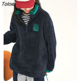 Women Thick Sweatshirts 2022 Winter Long Sleeve Stand Collar Loose Hoodie Double Side Fluffy Embroidery Casual