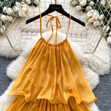 Dress Women 2025 Summer French Atmosphere With A Sense Of Hanging Neck Sling Lotus Side Splicing Cake Holiday