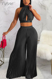 Spring Summer Two Piece Pant Suits Sexy Off The Shoulder Backless Crop Top and High Waist Pleated Wide Leg Long Trouser