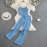 Summer Sexy Striped 2Pcs Set Elegant Single Breasted Strap Camis Tops + High Waist Pants Casual Two Pieces Suits Female New