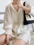 Sleeve Hooded Silk Sunscreen Hoodies + Shorts White Gray Women's Summer Thin Outdoor Two Piece