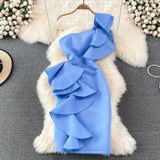 Sexy Skew Collar One Shoulder Ruffle Party Bodycon Dress Women Summer Orange/Blue/White High Waist Slim Vestidos Female Robe