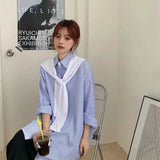Blouses Shirts Women Blue Striped Elegant Loose Large Size Chic Fashion Scarf Collar New Leisure Womens Shirt