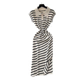 Chic Summer Dress Niche Retro Polo Collar Short-Sleeved Striped Dress Female Waist Temperament Open Long