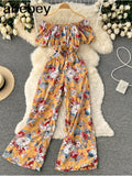 Women Off Shoulder Strap Dress Slash Neck Short Sleeve Wide Leg Jumpsuits Summer Bohemian Print Vacation Long