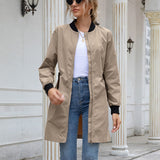 Women Outdoor Dust Coat Autumn Long Sleeve Stand Collar Cardigan Streetwear Slant Pocket Drawstring Waterproof Mid-Length