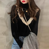 Lace Blouses Ruffle Patchwork Women Black Shirts Korean Vintage Turtleneck Elegant Ladies Tops Blusa Mujer De Moda