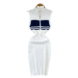 Collar Striped Knitted Vest Dress Summer High-End Sensiastic Hottie Sexy Slimming Bag-Butt