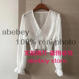 Autumn Fashion Korean Women Blouse Long Sleeve V Neck Elastic Ruched Slim Tops Elegant Streetwear Short
