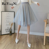 Tulle Skirts Womens Midi Pleated Skirt Pink Tulle Skirt Women 2019 Spring Summer Korean Elastic High Waist Mesh