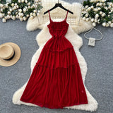 Tea Break Retro Sling Dress Women's Holiday Wind To Show Thin Folds Design Long