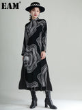 Women Black Ripple Printed Long Elehgant Dress New Stand Collar Long Sleeve Loose Fit Fashion Spring Autumn 2023