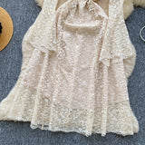 High-End Heavy Industry Nail Drill Three-Dimensional Flower Square Collar Horn Sleeves To Close The Waist Hollow Lace Dress