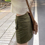 Vintage Y2k Green Cargo Skirt Women Retro Streetwear 90s Pocket Patchwork High Waist A-line Denim Mini Skirt
