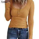 Women T-shirt Solid Color Buttons Long Sleeves Pullover Scoop Neck Warm Simple Style Soft Lady Spring Top Female