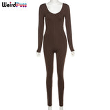 Puss Spring Women Casual Long Sleeve Jumpsuits Stretchy Fitness Skinny Low-Neck Workout Fashion Streetwear Slim
