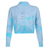 Tie Dye Print Knitted Crop Top Cardigan Women Button Up V Neck Long Sleeve Jumpers Ladies Autumn Long Sleeve