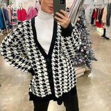 Sexy long cardigan women Winter fall houndstooth plaid knitted sweater V neck casual Single Breasted streetwear