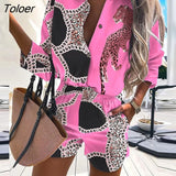 Print Two Piece Sets Women 2022 Spring Summer Turn Down Collar Shirt Top Short Pant Suit Lady Casual Long Sleeve