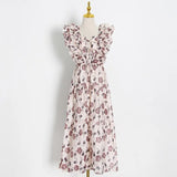 Spring Print Floral Dress For Female Square Collar Sleeveless High Waist Patchwork Ruffle Midi Dresses Female