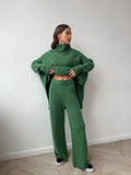 High-Neck Open Fork Wool Sweater Set Women's Loose Casual Lazy Knitting Trousers
