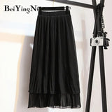 Vintage Pleated Skirt Women Ruffles Lining Chiffon Patchwork Black Casual Midi Skirts Long Korean Saias Mujer