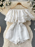 Sexy Slash Neck Off Shoulder Ruffle Rompers Women Summer Elegant High Waist Wide Leg Playsuits Green/White/Black Jumpsuits