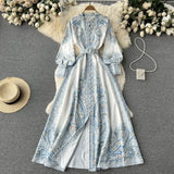 And Autumn Dress Retro Court Style Lapl Lantern Sleeve Print Dress Women's Single Buckle Large A-Word Over Knee