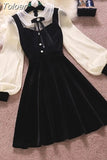 Vintage Velvet Black Dress Stand Neck Lantern Sleeve Party Robe High Waist Slim Vestidos Korean Elegant Dresses