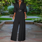 Elegant Long Jumpsuits Women 3/4 Sleeve Vintage High Waist Wide Leg Rompers Casual Pleated Party Overalls Loose Pants No
