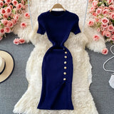 Version Of The Solid Color Collar Buckle Body Short Sleeve Elastic Knitted Forked And Left-Sleeved Dress