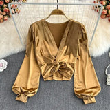 Spring Autumn Sexy Satin Blouse Women Elegant V-Neck Twist Lantern Long Sleeve Party Tops Female Elegant Gold/Black Blusas