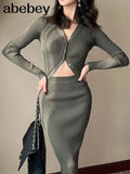 Hollow Out Women Korean Knitted Dress Long Sleeve Elastic Slim Pencil Dresses 2022 Autumn Sexy Bodycon Sweater