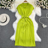 Summer French Retro Temperament Polo Collar Loose Belt A-Word Knitted Dress Casual