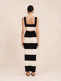 East New Women's Black And White Knitted Striped Long Suit Vest With Sweater