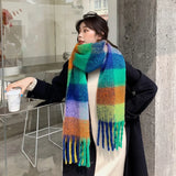 Winter Female Cashmere Plaid Scarf Women Blanket Scarves Wide Lattice Long Rainbow Shawl Wrap Warm Tippet