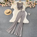 Women Summer Two Pieces Sets Sleeveless Slim Short Tops+High Waist Wide Legs Long Pants Fashion Long Two Piece