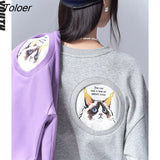 Women Sweatshirts 2022 Spring Long Sleeves O Neck Hoodies Purple Gray Letters Cute Cat Print Casual Chic