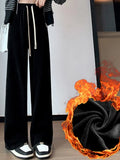 New Autumn Winter Women's High Waist Plus Velvet Wide Leg Pants Women Straight Warm Loose Trousers New Korean Lace Up