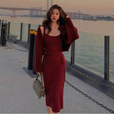 Long-sleeved Women Knitted Cardigan 2 Piece Set Sleeveless Backless Dress Elegant Crop Top Sweater Suits Fall