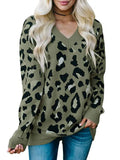 Autumn Winter New V-Neck Pullover Long Sleeve Top Crochet Knitting korean style Leopard Jacquard Women's Blouses