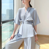 Summer Elegant Two Piece Set Women Designer France Vintage Suits Set Retro Chic Tops Casual Wide Leg Pants Korean