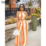 2022 Orange Striped Print Strap Crop Top Pants Set Two Piece Set Sexy Lace Up Backless Beach Holidays