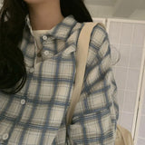 Women Plaid Shirt Oversized Lantern Sleeve Vintage Turn Down Collar Ladies Casual Vintage Button Up Loose Tops