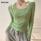 Korean Sexy Slim Tops Two Piece Set Women Camisole+long Sleeve T Shirt Irregular Knitted Ribbed Tee Shirt Designer