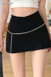 E Girl Black Mini Skirt Women Punk Sexy Chain Belt Slit Korean Cute High Waist A-line Micro Skirt Y2K Skort