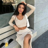 Knitted Winter Women Sexy Sweater Skirt Suit Y2K Fashion Long Sleeve Crop Tops And Long Split Skirt Dress Two Piece