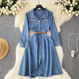 Water Wash Denim Dress Women's Autumn New High-End Thin Temperament Waist Single Buckle Long