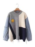 And Winter Cowboy Sleeve Splicing Bumpy Smiley Face Loose-Fitting Sweater Round Collar Knitted Bottoming Shirt