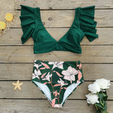 Broken Flower Vintage High Waist Bikini 2025 New Sexy Leaf Side Vest Deep V